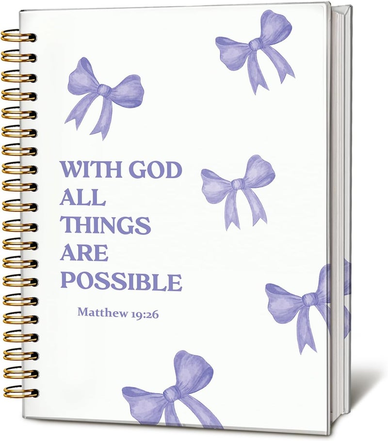 WLIANG Coquette Purple Bow Spiral Bible Notebook for Note Taking, Preppy Aesthetic Bible Study Journal for Women, Cute Preppy School Supplies for Girls, Christian Hardcover Lined Notebook 5.5 x 8.3 - Image 1